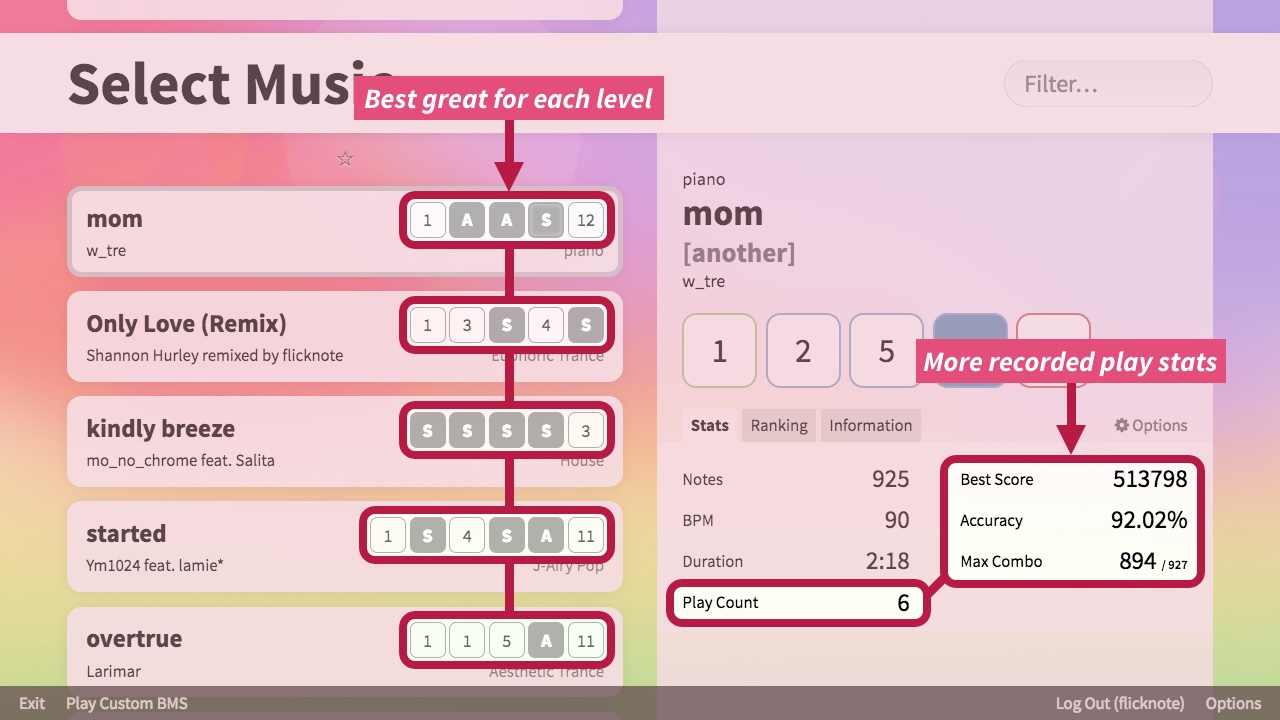 Music selection screen with recorded play stats